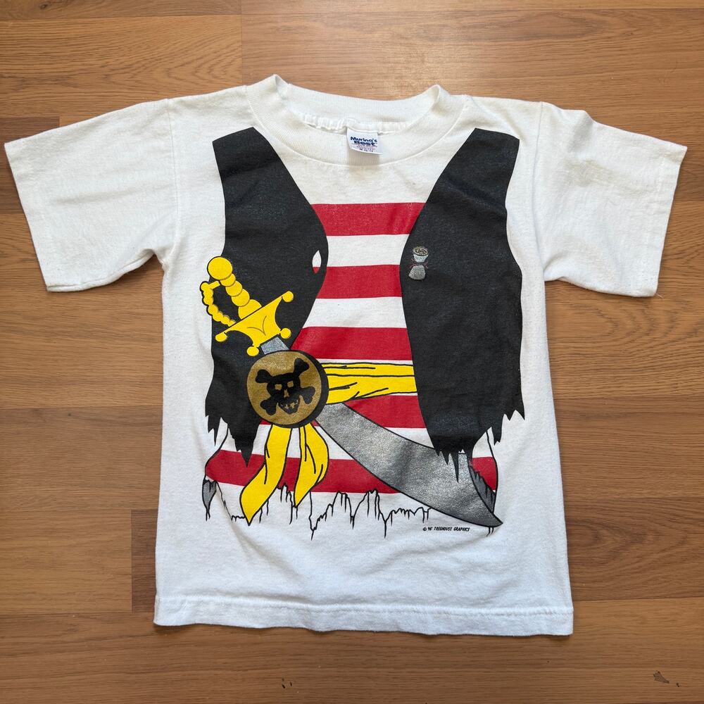 Youth Kids Boys Girls Vintage 90's Pirate Costume White Tee Shirt Sz Medium VTG